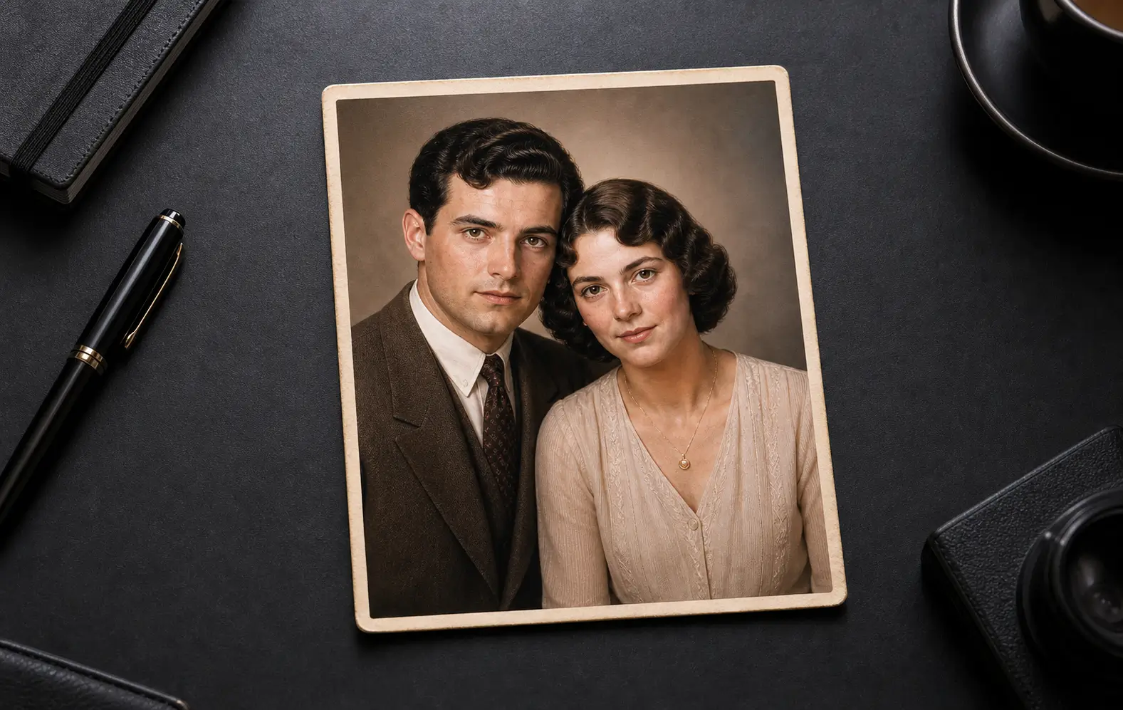 After: An old portrait before and after AI restoration — stains and scratches repaired, faces clarified, color recovered.