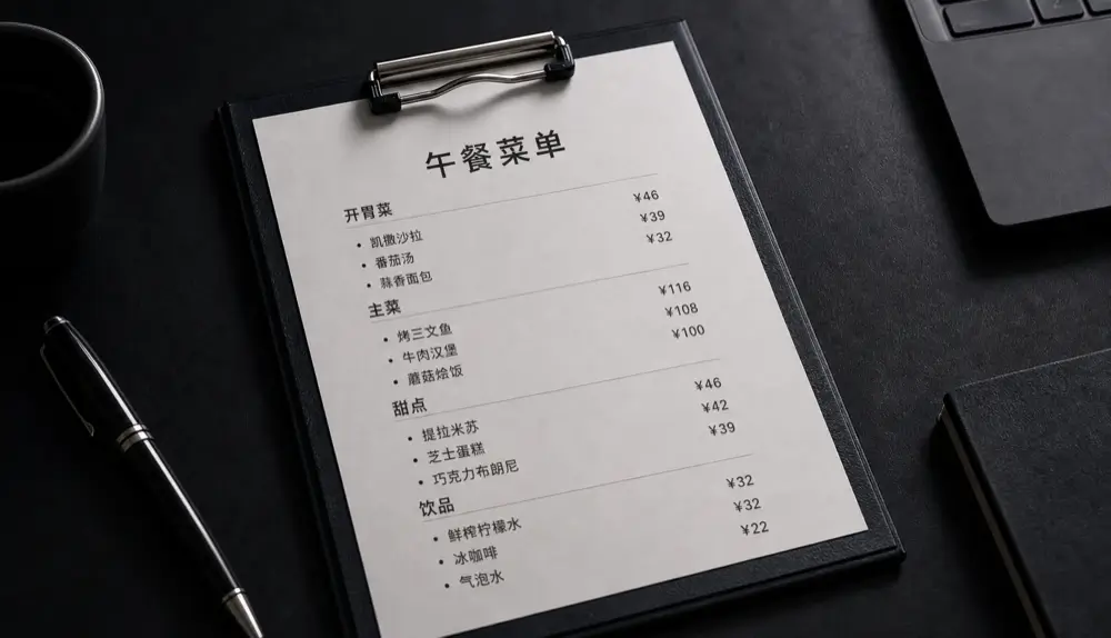 After: An English dinner menu translated in place, keeping the clipboard, layout and prices intact.