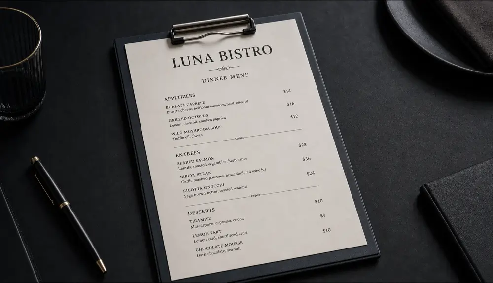 Before: An English dinner menu translated in place, keeping the clipboard, layout and prices intact.