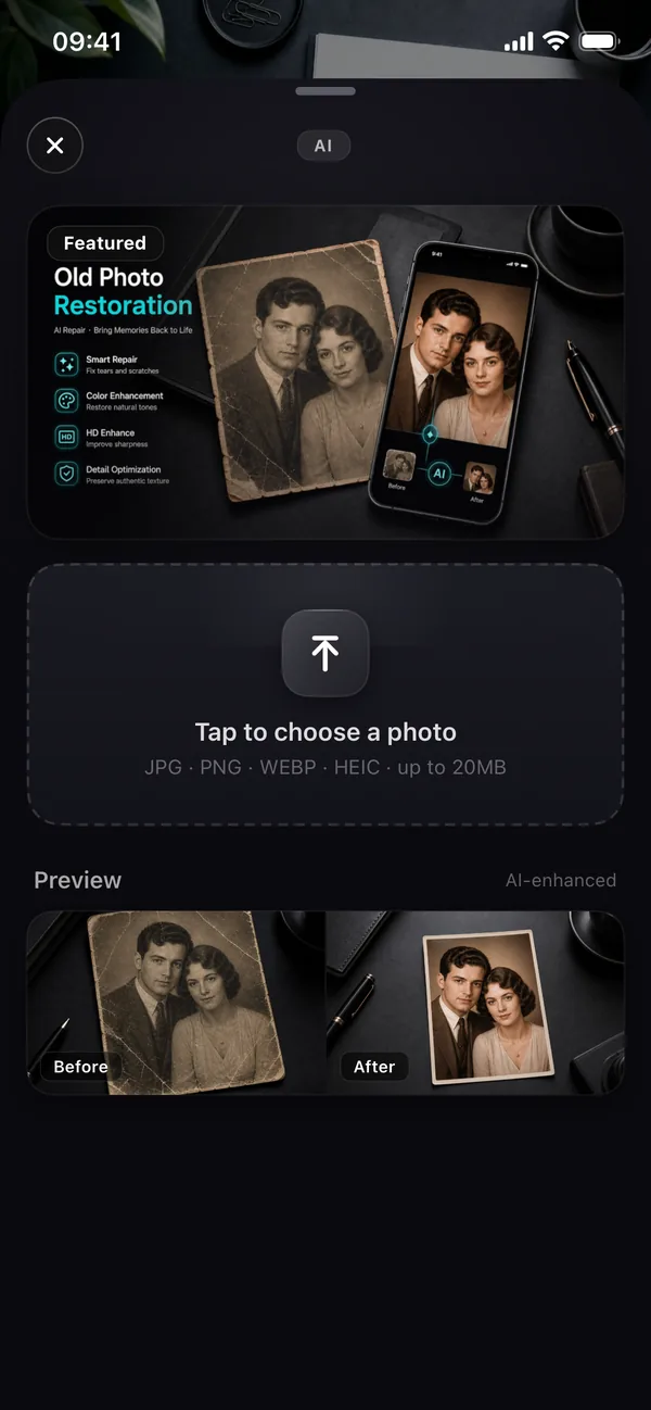 Qutu's Old Photo Restoration screen on iPhone with a before-and-after preview