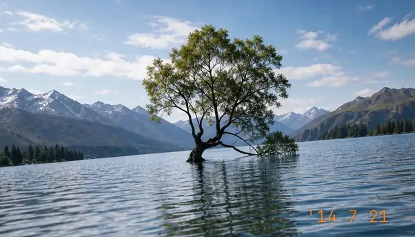 Before: a lake photo with an orange "'14 7 21" date stamp in the bottom-right corner