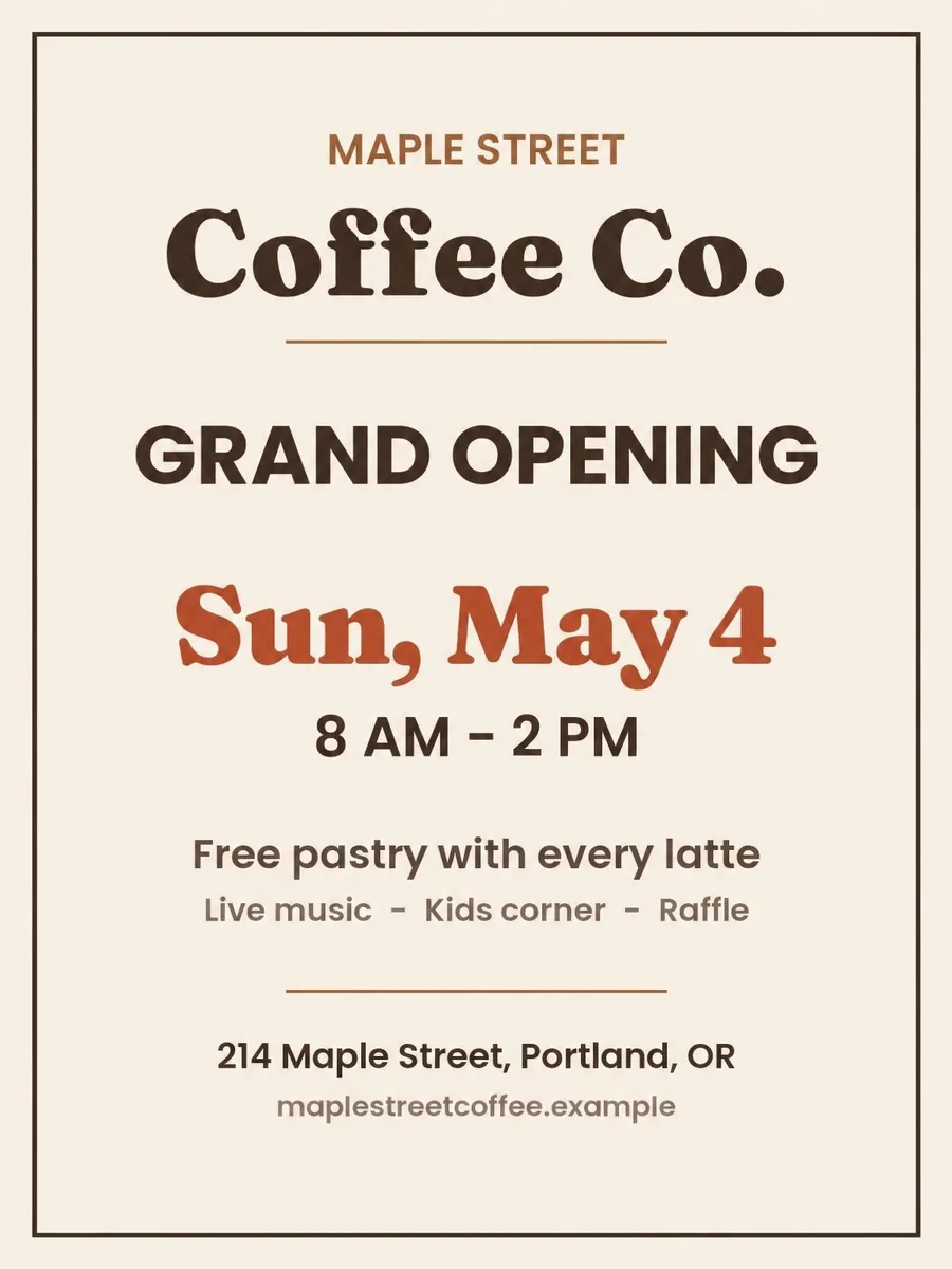 After: the same flyer now reads "Sun, May 4" in the same font and color