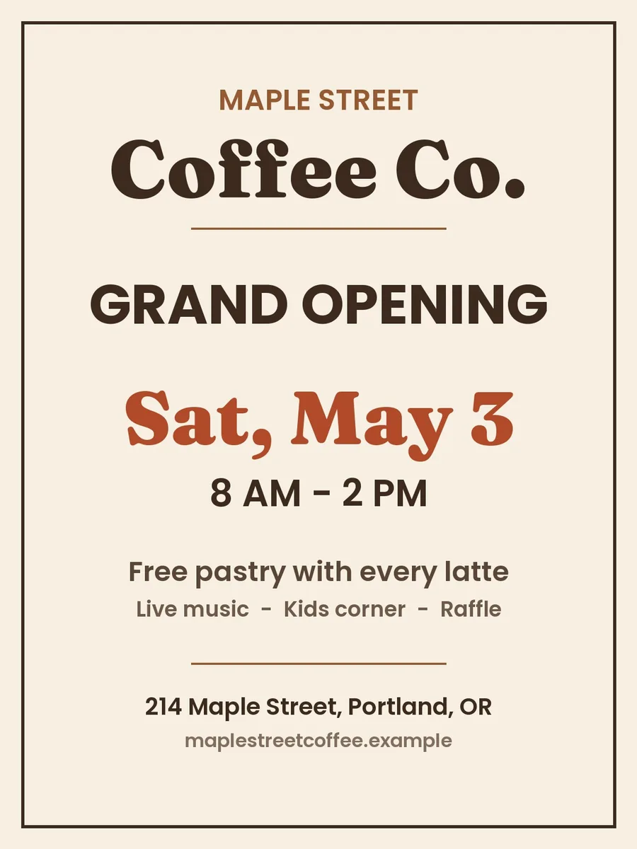 Before: a coffee shop grand opening flyer that reads "Sat, May 3"