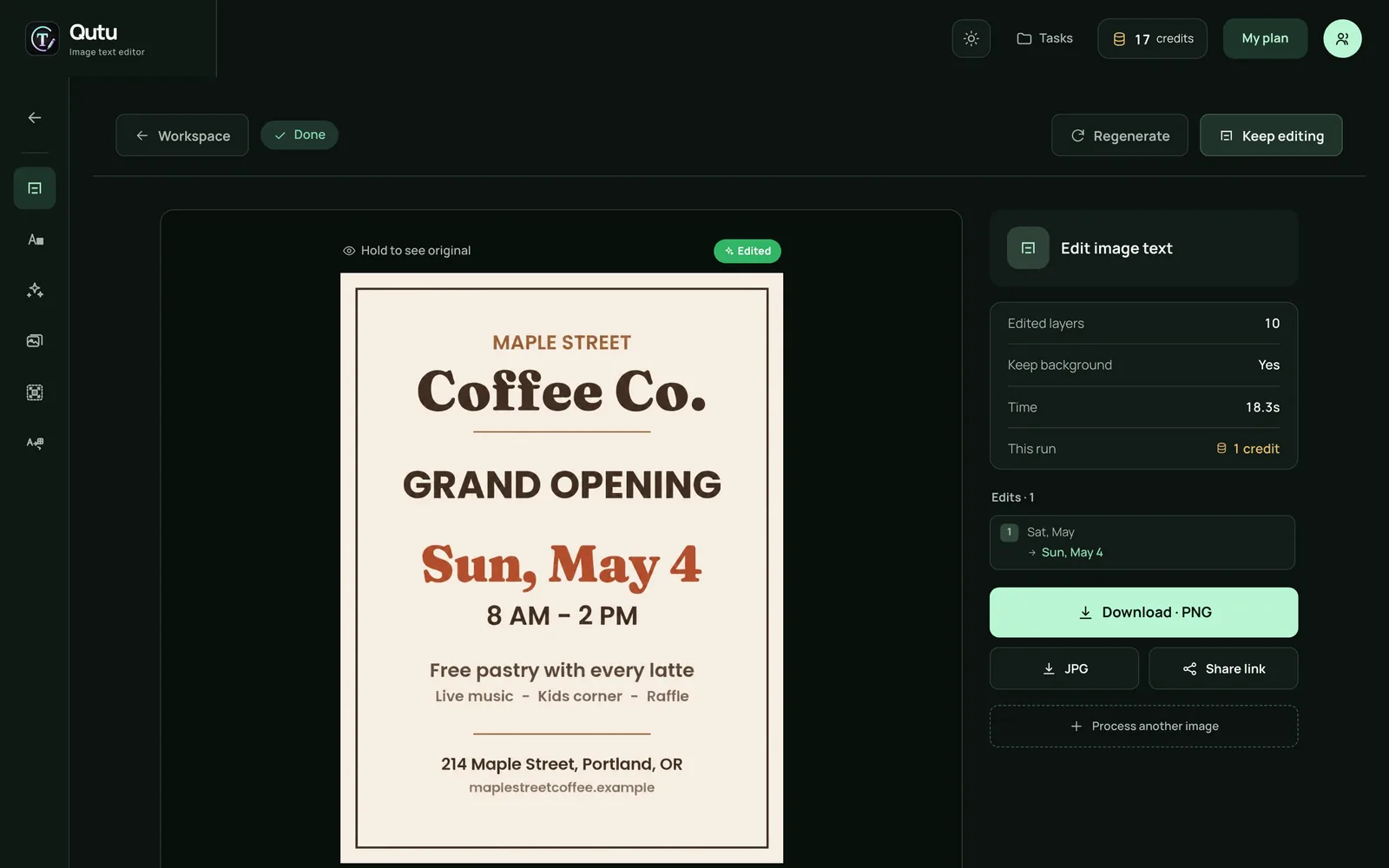 Qutu Web result page for the flyer with "Sun, May 4" and download buttons