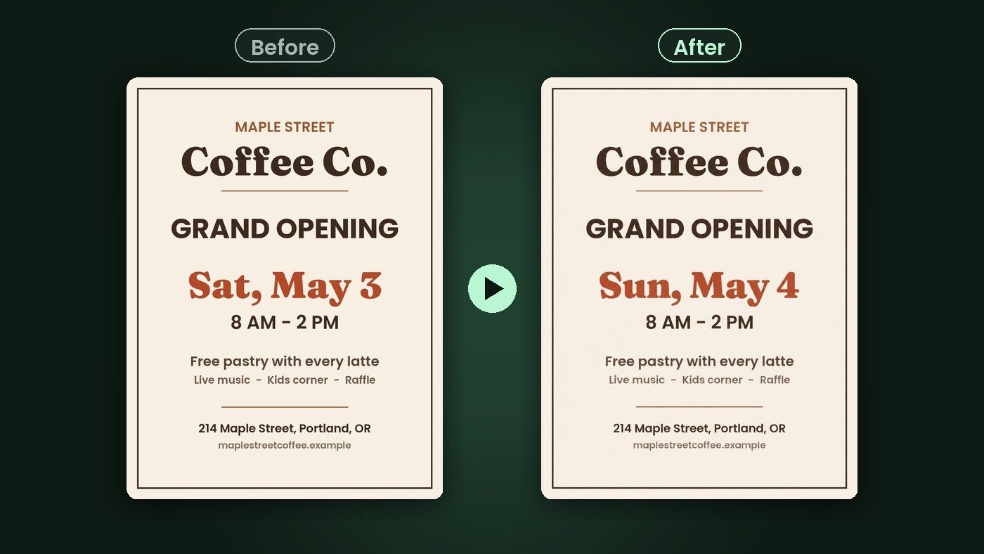 A coffee shop flyer before and after Qutu changed "Sat, May 3" to "Sun, May 4" in the same font and color